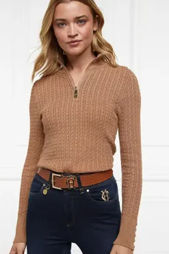 Holland Cooper Knitwear|Shop By Product-Ava Half Zip Knit Dark Camel Marl