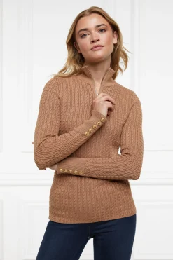 Holland Cooper Knitwear|Shop By Product-Ava Half Zip Knit Dark Camel Marl
