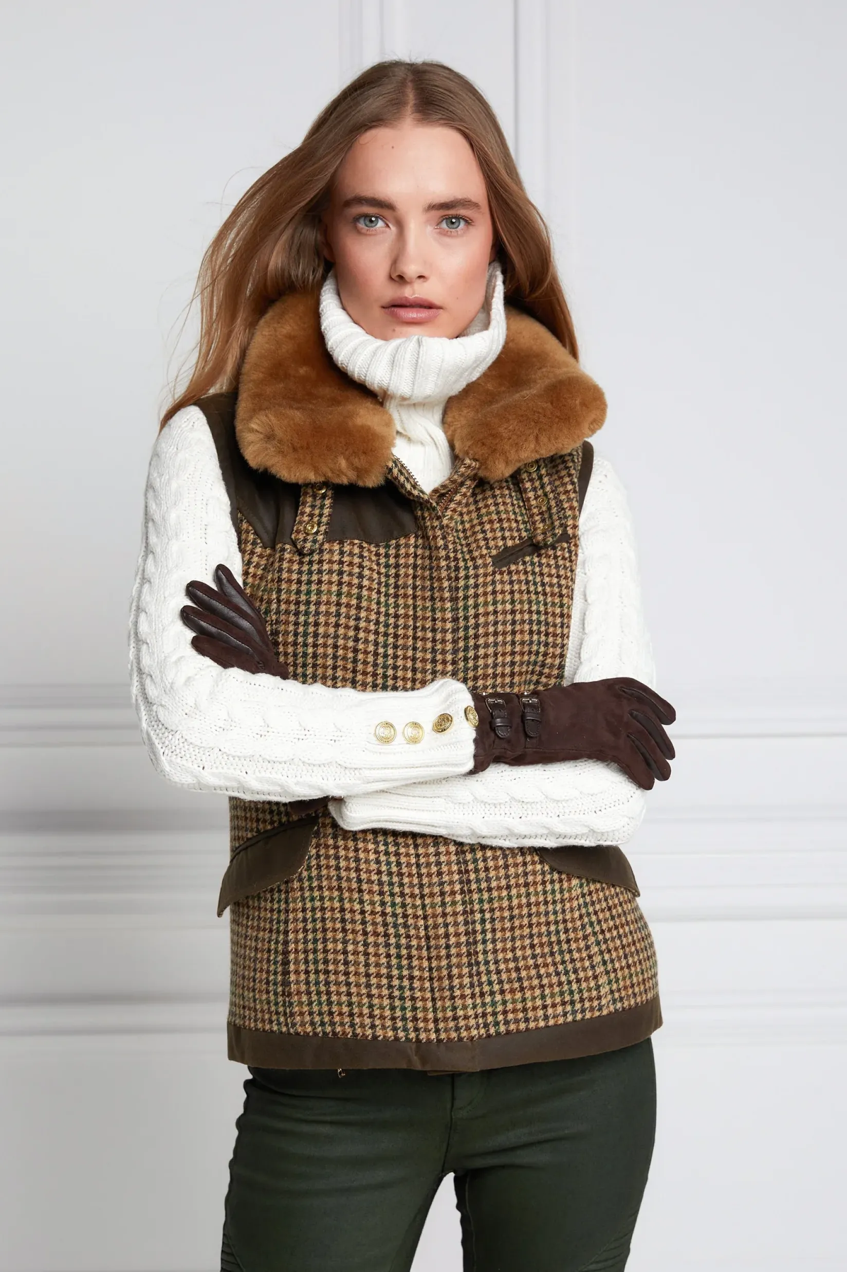 Holland Cooper Gilets-Aviator Gilet Hailes Green Tweed