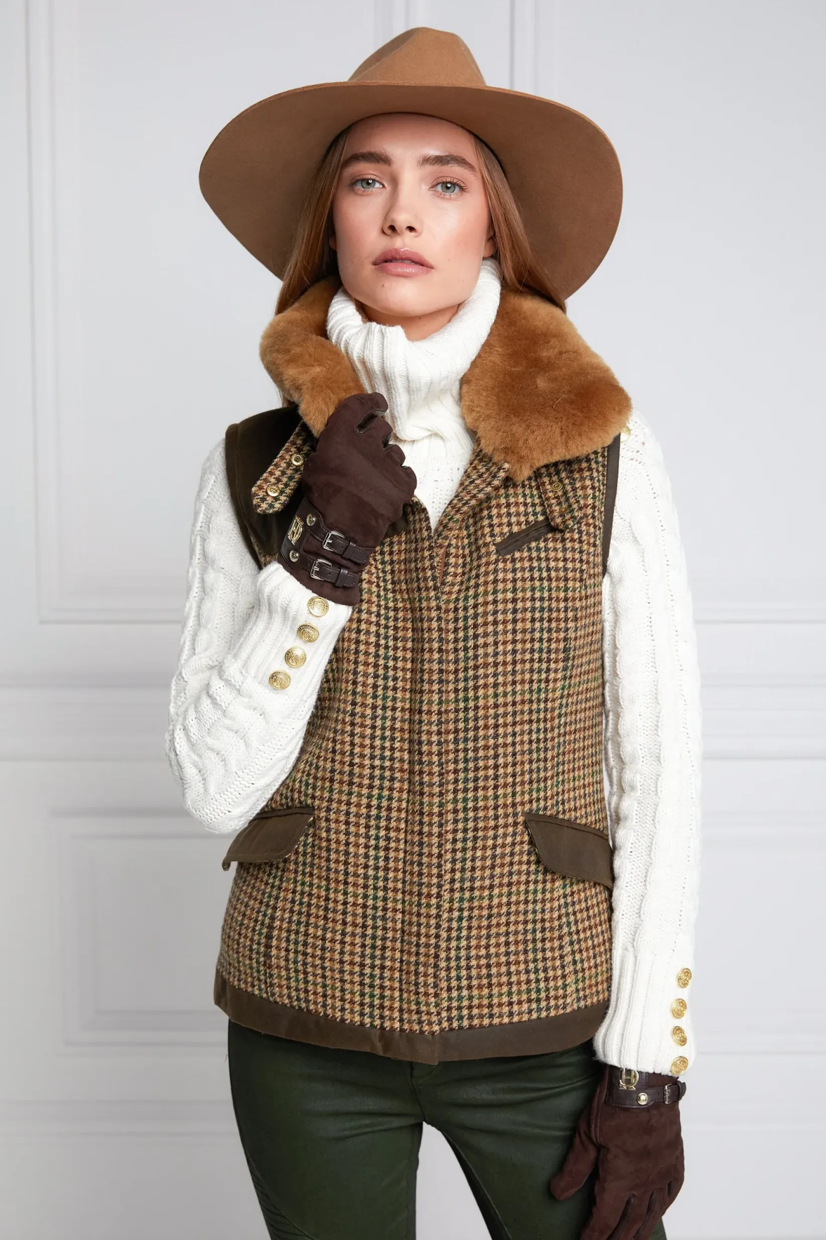 Holland Cooper Gilets-Aviator Gilet Hailes Green Tweed