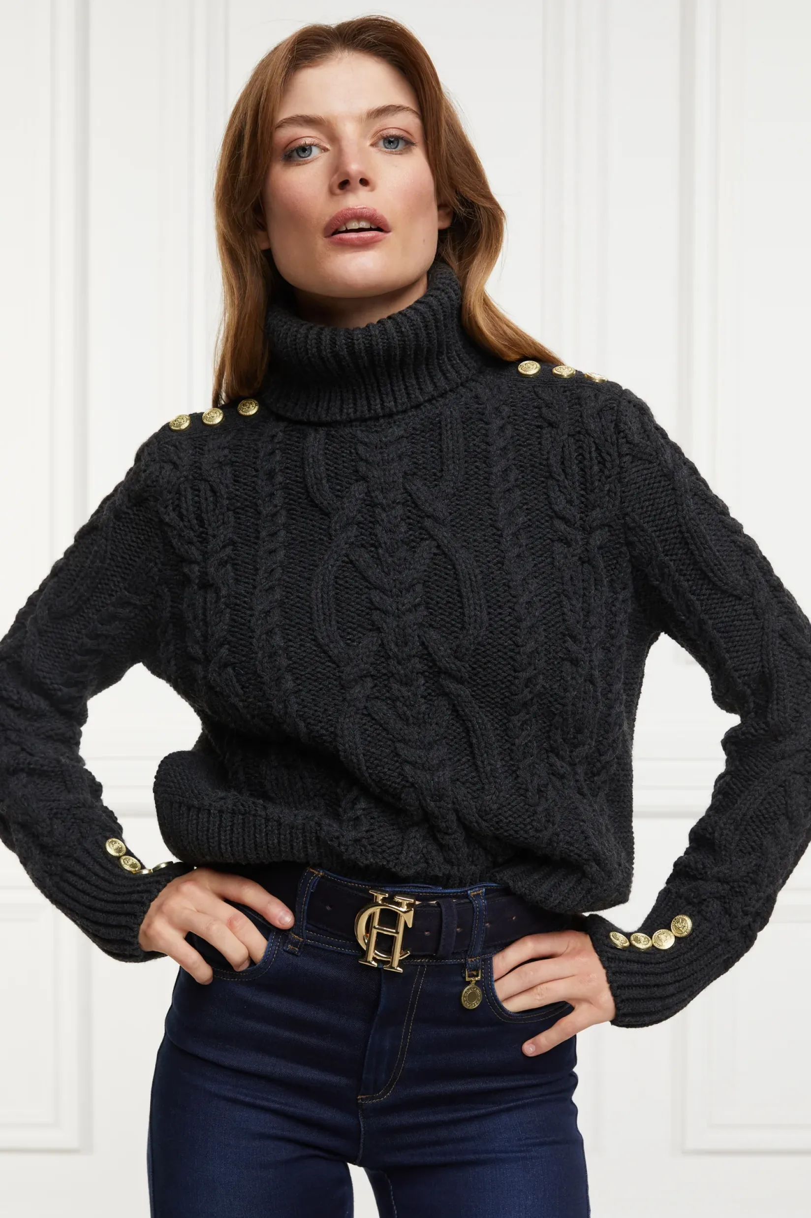 Holland Cooper Knitwear-Belgravia Cable Knit Dark Grey Marl