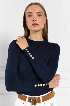 Holland Cooper Knitwear-Buttoned Knit Crew Neck Ink Navy