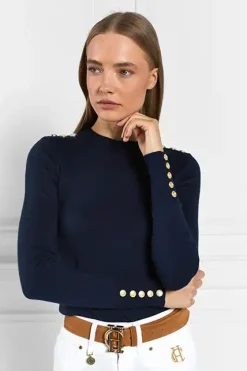 Holland Cooper Knitwear-Buttoned Knit Crew Neck Ink Navy