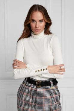 Holland Cooper Knitwear-Buttoned Knit Roll Neck Cream