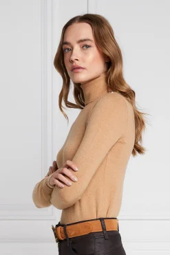 Holland Cooper Knitwear-Buttoned Knit Roll Neck Dark Camel