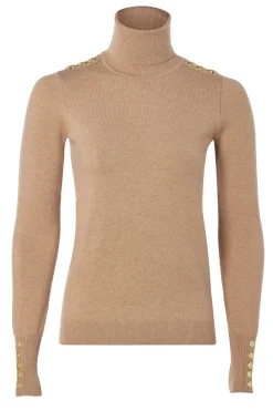 Holland Cooper Knitwear-Buttoned Knit Roll Neck Dark Camel