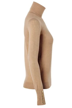 Holland Cooper Knitwear-Buttoned Knit Roll Neck Dark Camel