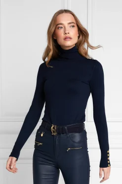 Holland Cooper Knitwear|Wardrobe Staples-Buttoned Knit Roll Neck Ink Navy
