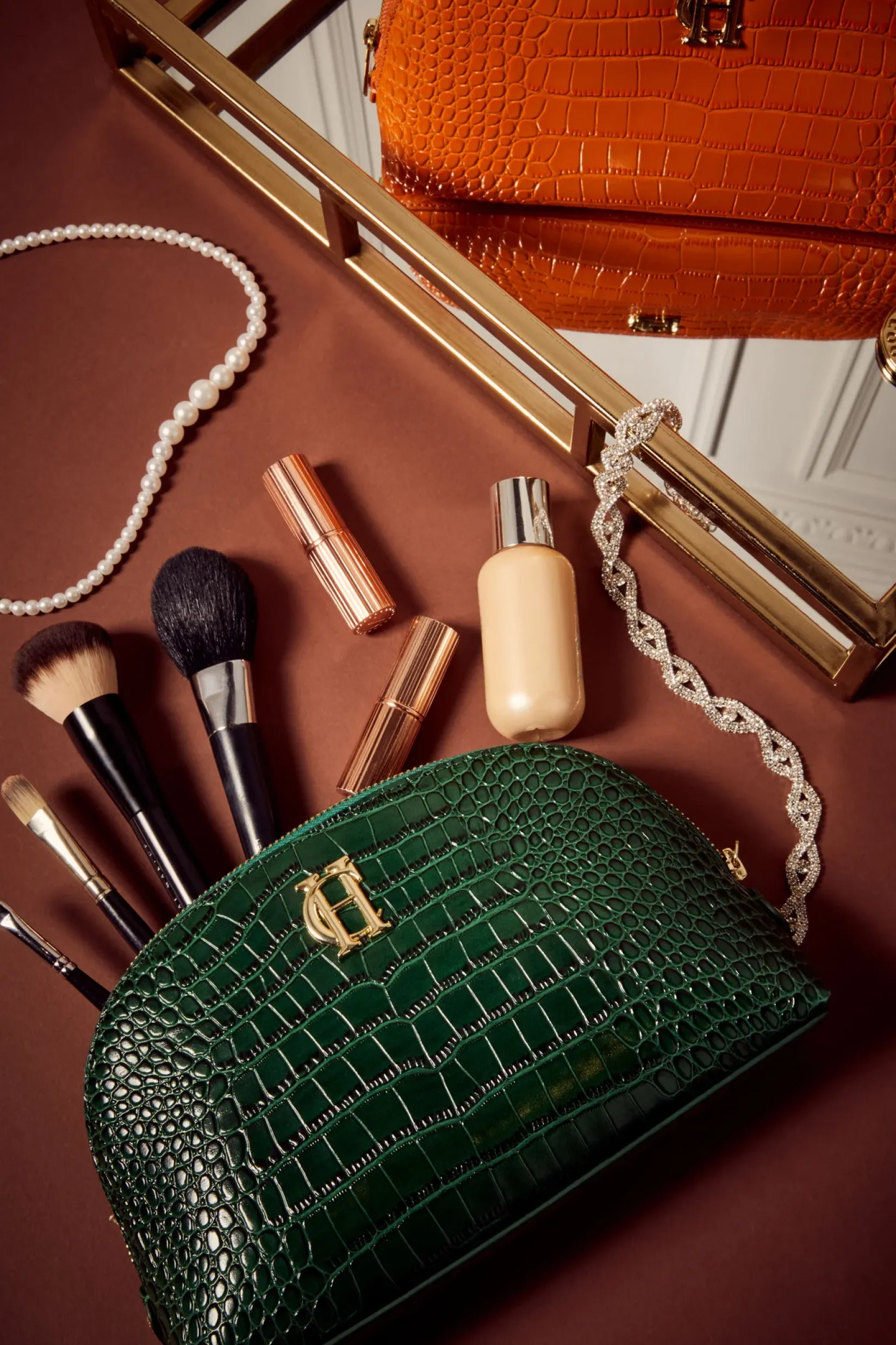 Holland Cooper Gifts For Her|Holdalls & Travel Bags-Chelsea Makeup Bag Emerald Croc