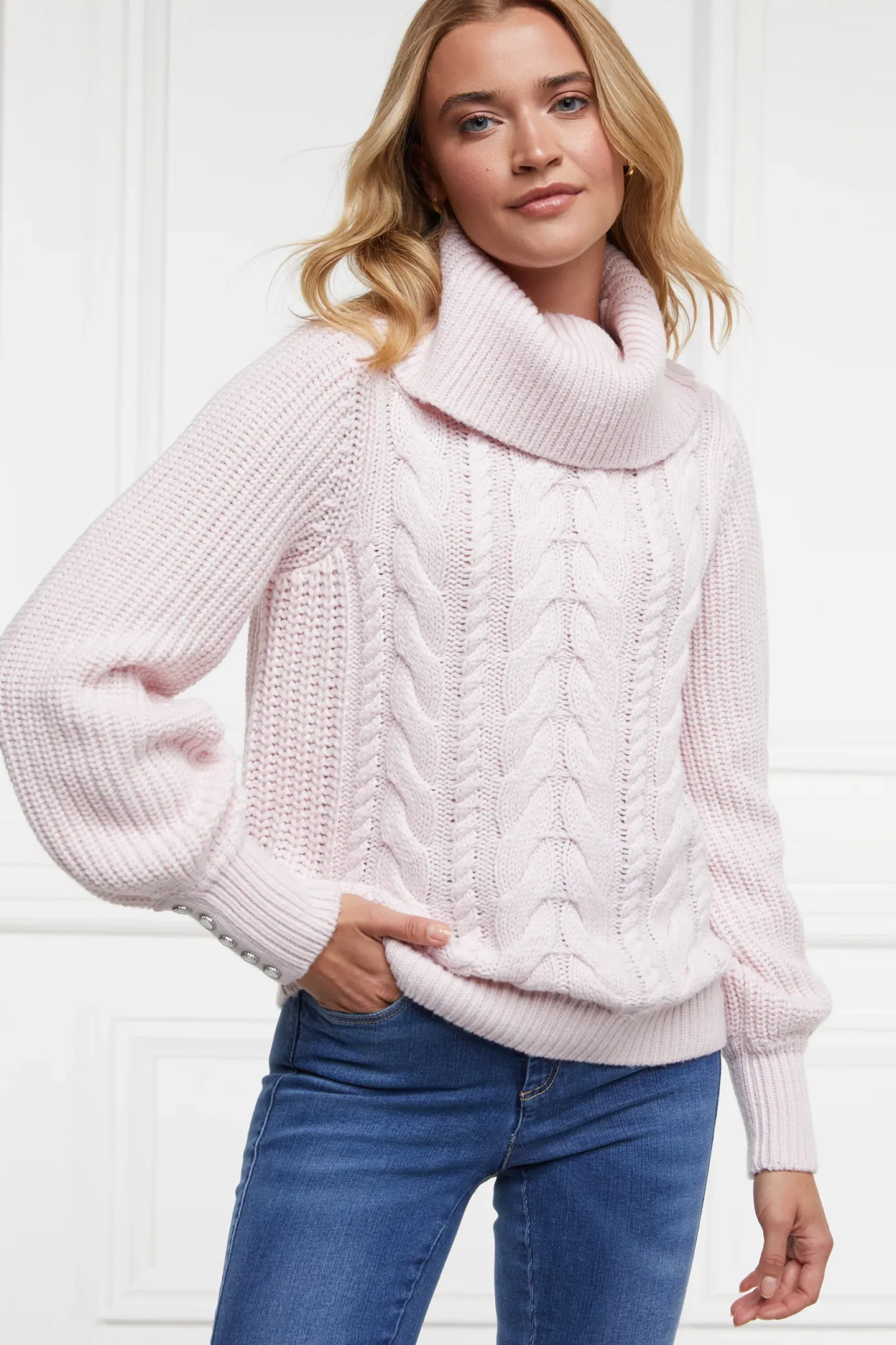 Holland Cooper Knitwear-Corded Roll Neck Knit Ice Pink