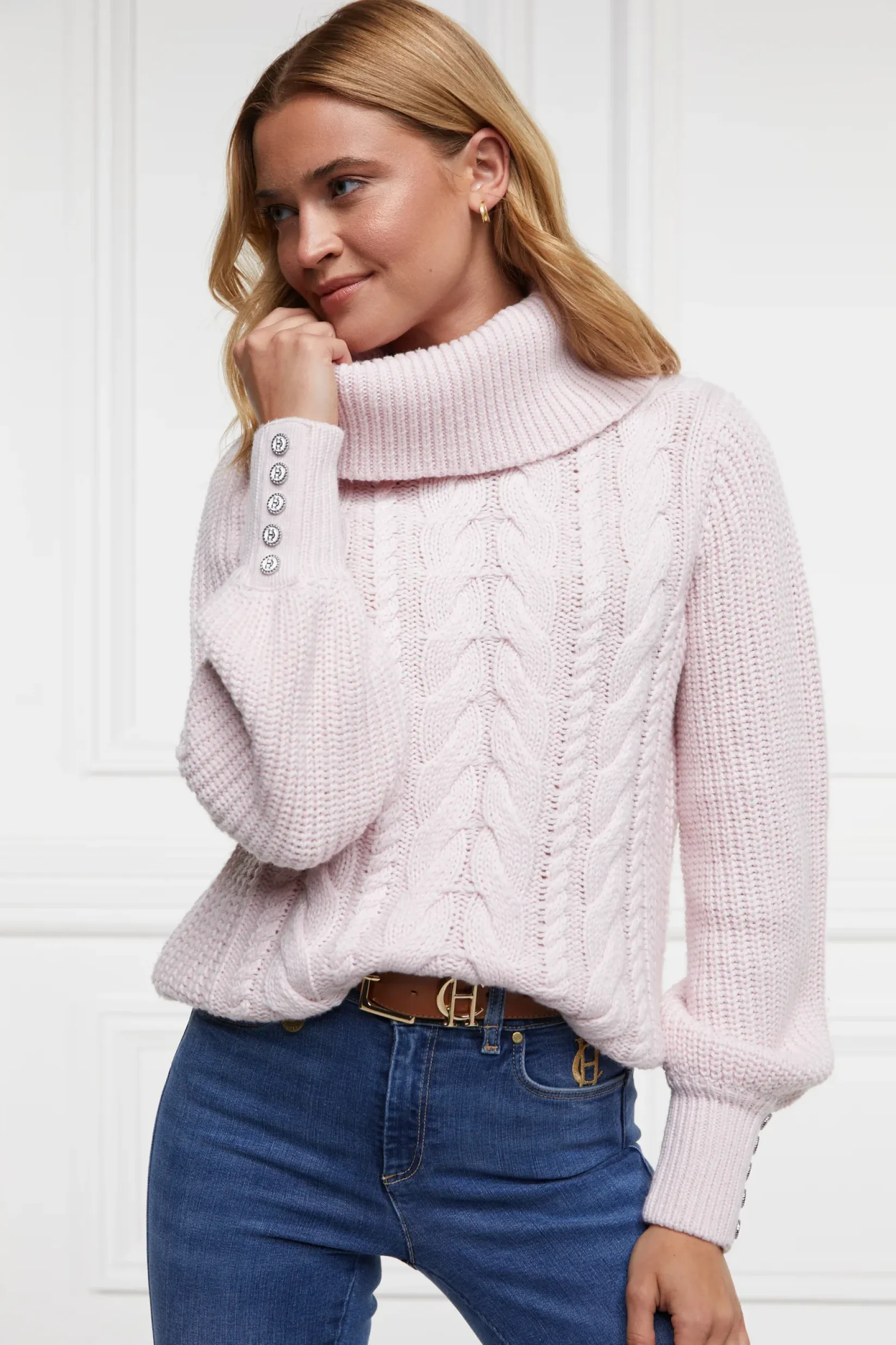 Holland Cooper Knitwear-Corded Roll Neck Knit Ice Pink