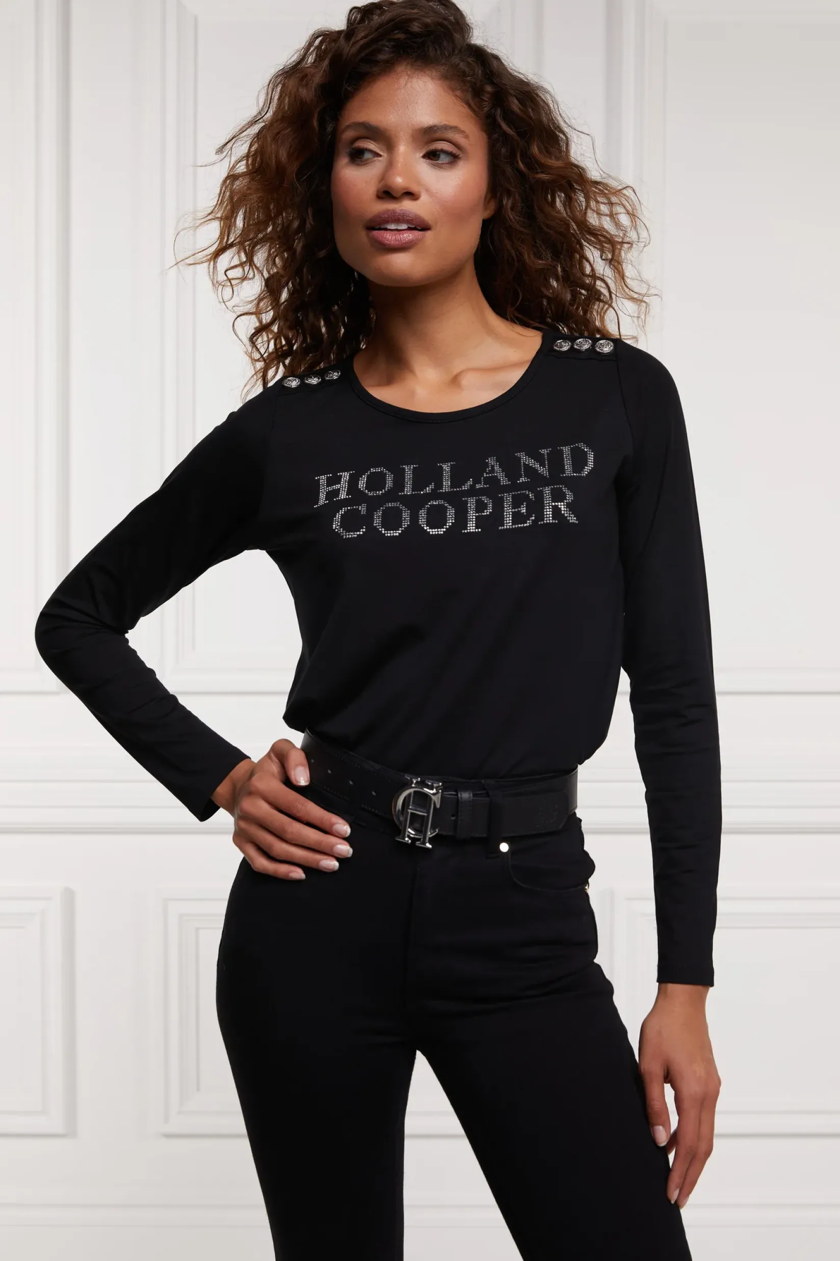 Holland Cooper Tees|Casualwear-Diamante Long Sleeve Crew Neck Tee Black Silver