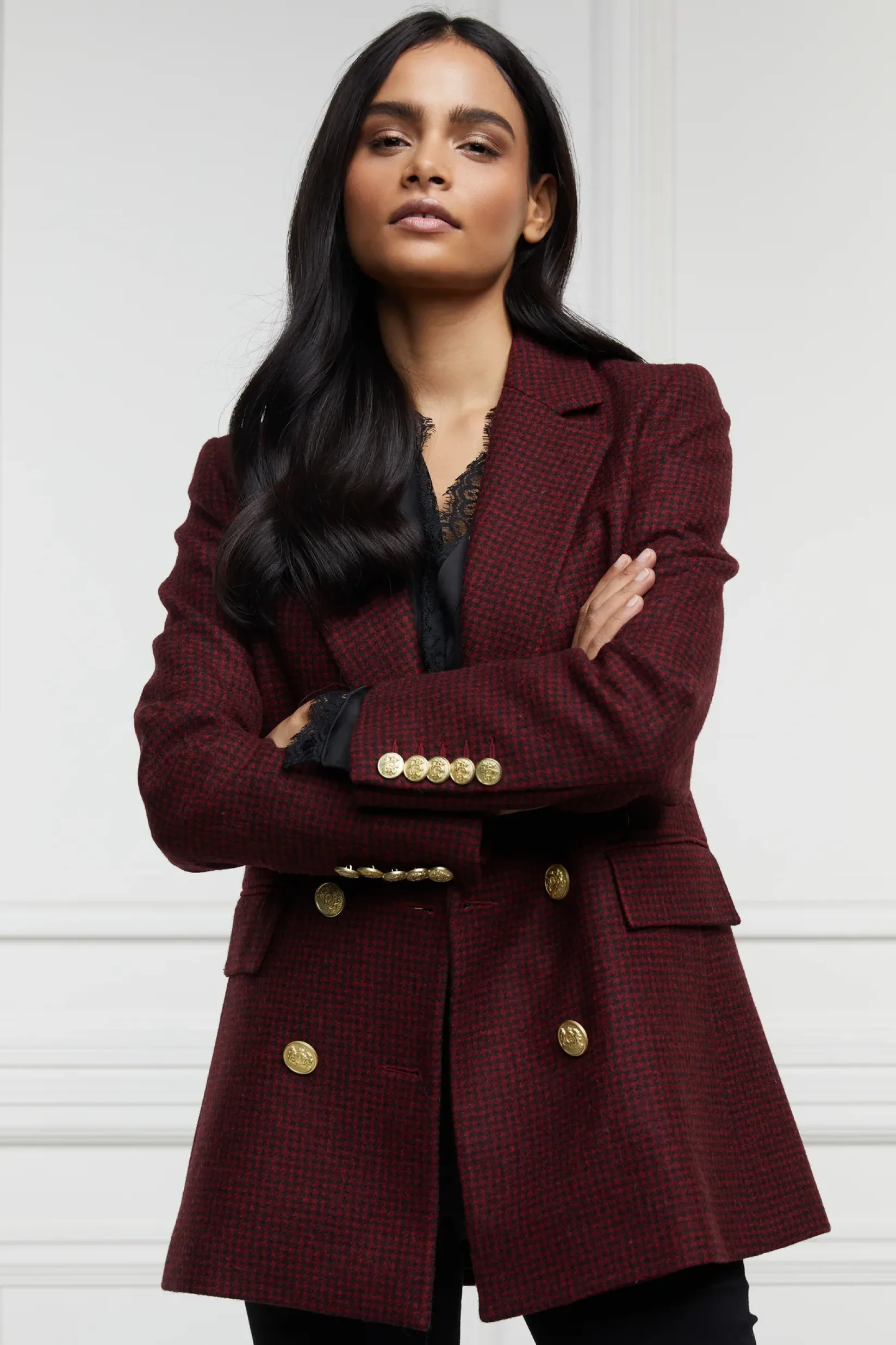 Holland Cooper Jackets|Blazers-Double Breasted Blazer Deep Red Houndstooth