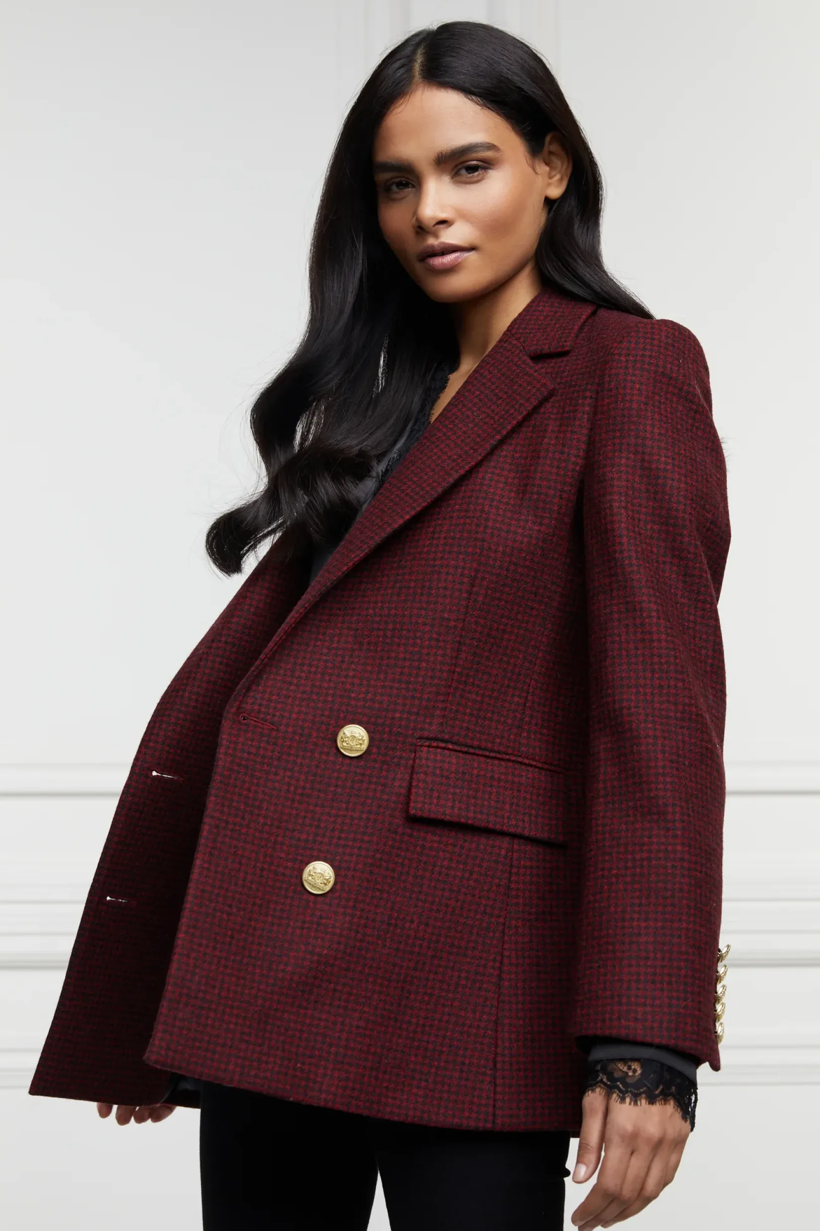 Holland Cooper Jackets|Blazers-Double Breasted Blazer Deep Red Houndstooth
