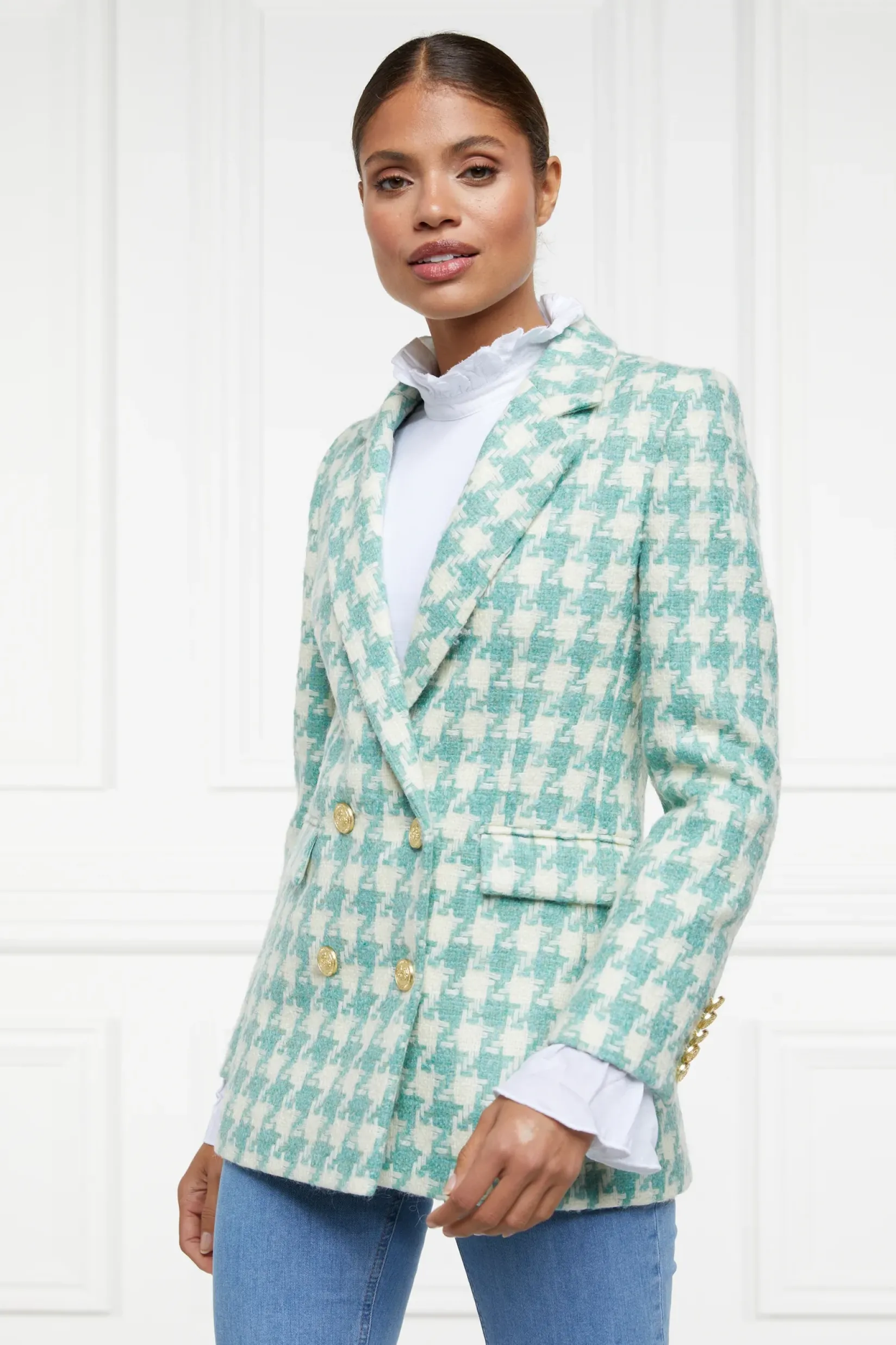 Holland Cooper Blazers|Jackets-Double Breasted Blazer Large Scale Teal Houndstooth
