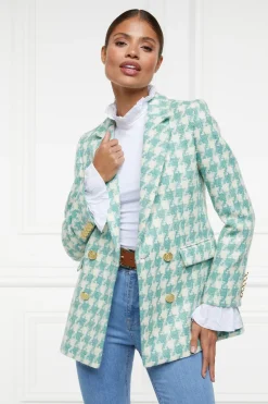 Holland Cooper Blazers|Jackets-Double Breasted Blazer Large Scale Teal Houndstooth