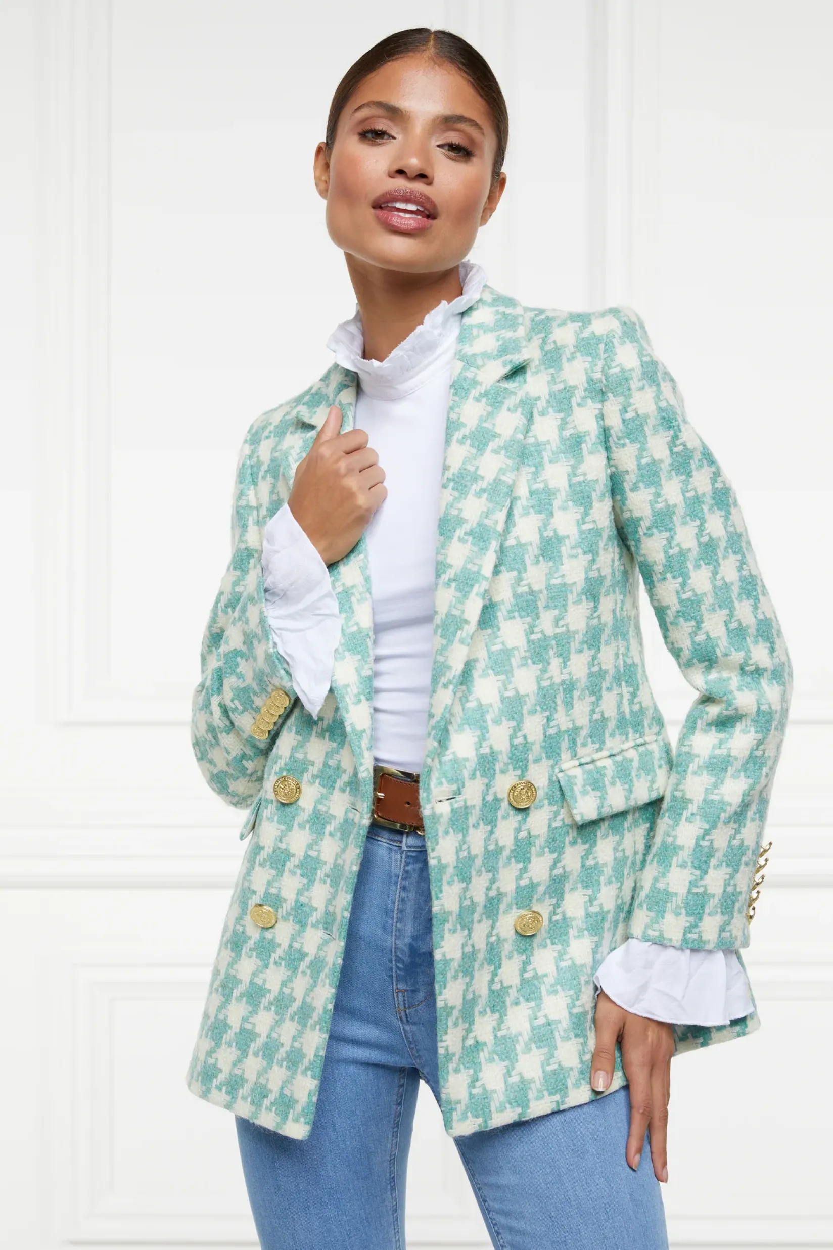 Holland Cooper Blazers|Jackets-Double Breasted Blazer Large Scale Teal Houndstooth