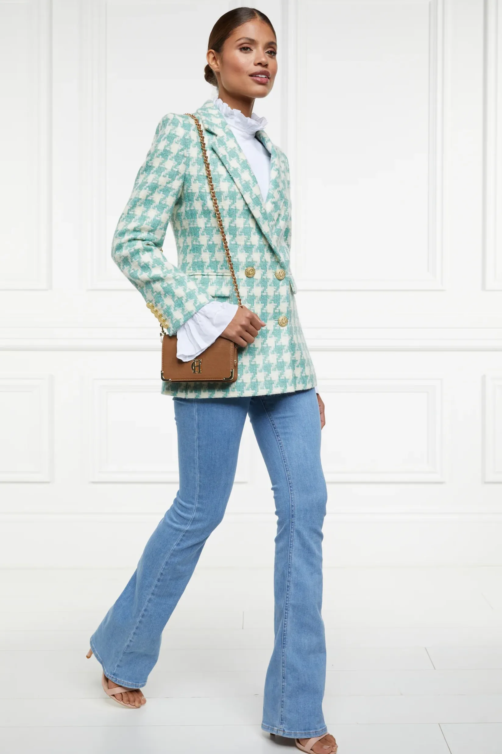 Holland Cooper Blazers|Jackets-Double Breasted Blazer Large Scale Teal Houndstooth