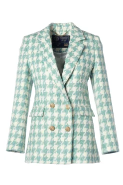 Holland Cooper Blazers|Jackets-Double Breasted Blazer Large Scale Teal Houndstooth