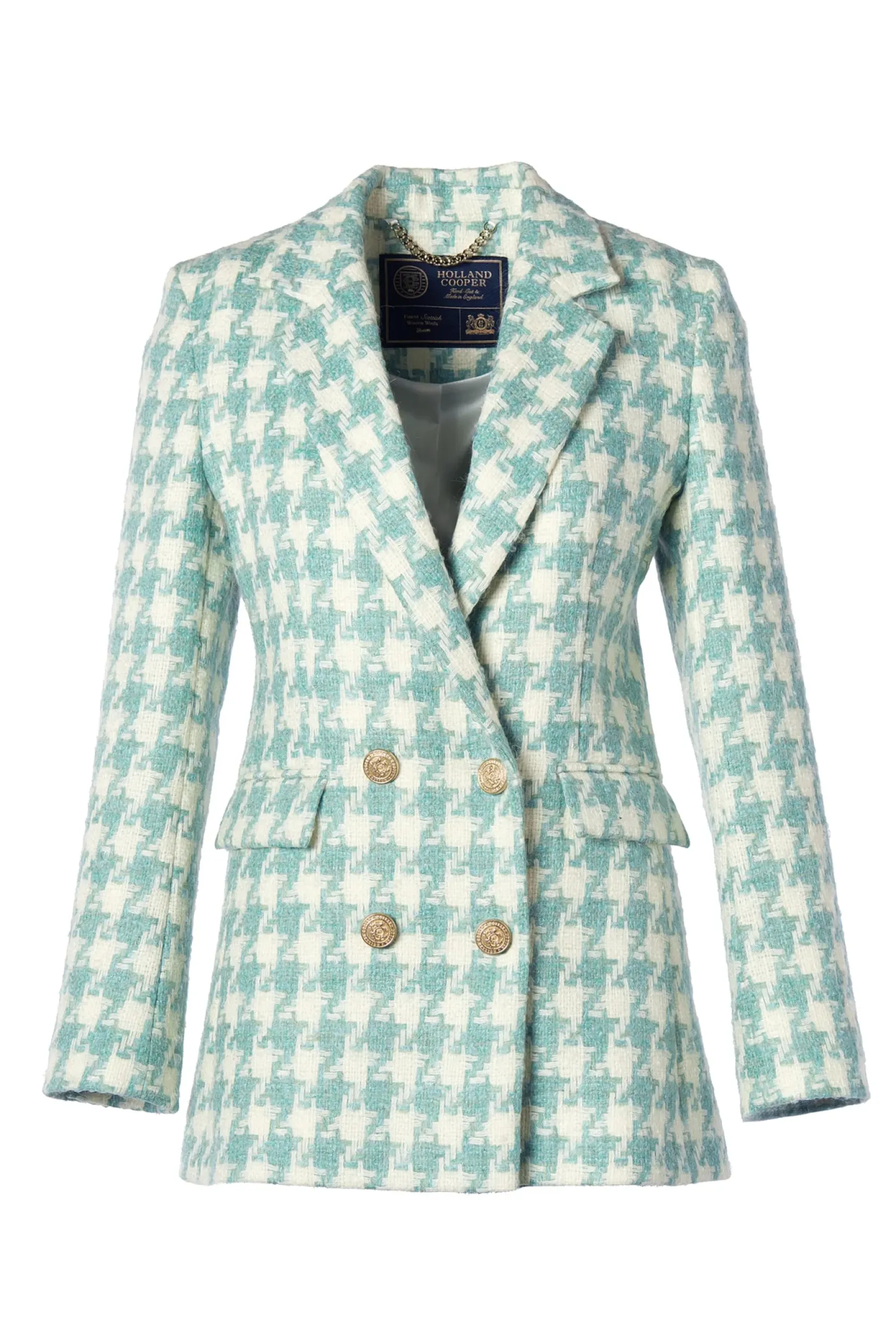 Holland Cooper Blazers|Jackets-Double Breasted Blazer Large Scale Teal Houndstooth
