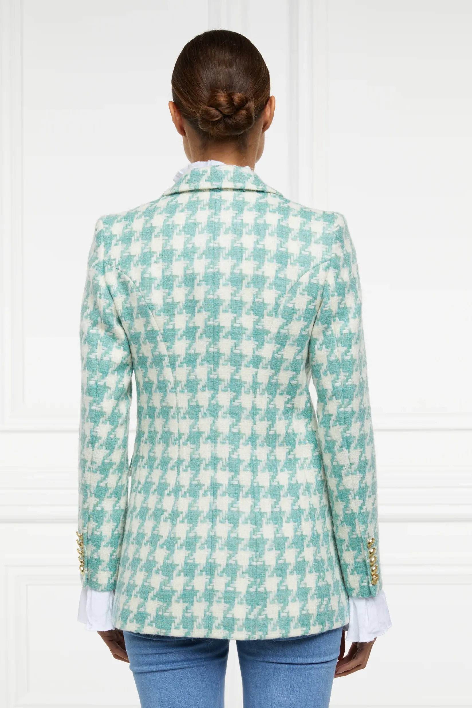 Holland Cooper Blazers|Jackets-Double Breasted Blazer Large Scale Teal Houndstooth