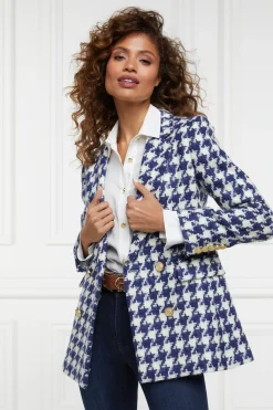 Holland Cooper Blazers|Jackets-Double Breasted Blazer Large Scale Navy Houndstooth