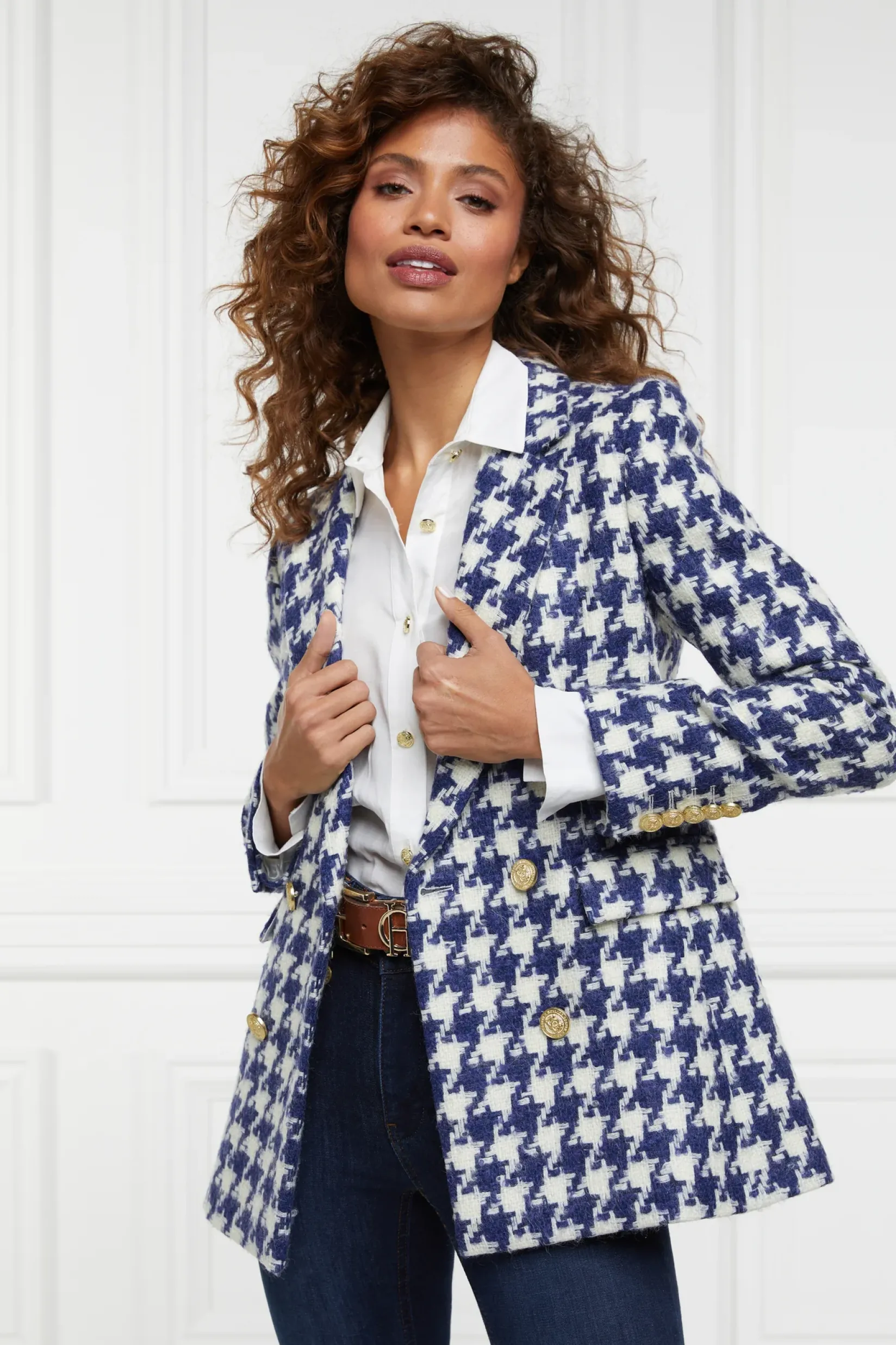 Holland Cooper Blazers|Jackets-Double Breasted Blazer Large Scale Navy Houndstooth