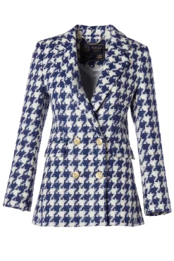 Holland Cooper Blazers|Jackets-Double Breasted Blazer Large Scale Navy Houndstooth