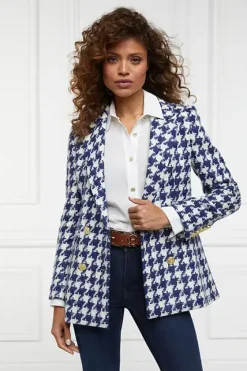 Holland Cooper Blazers|Jackets-Double Breasted Blazer Large Scale Navy Houndstooth