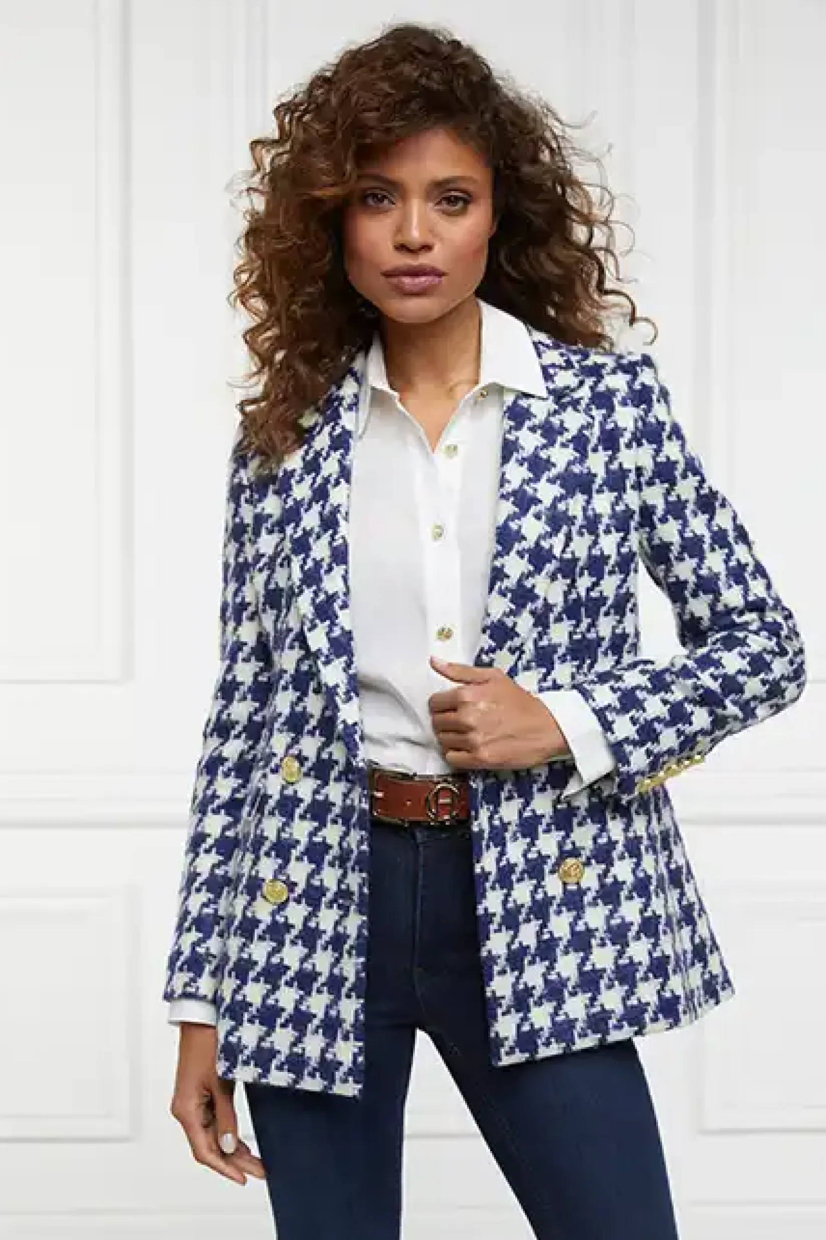 Holland Cooper Blazers|Jackets-Double Breasted Blazer Large Scale Navy Houndstooth