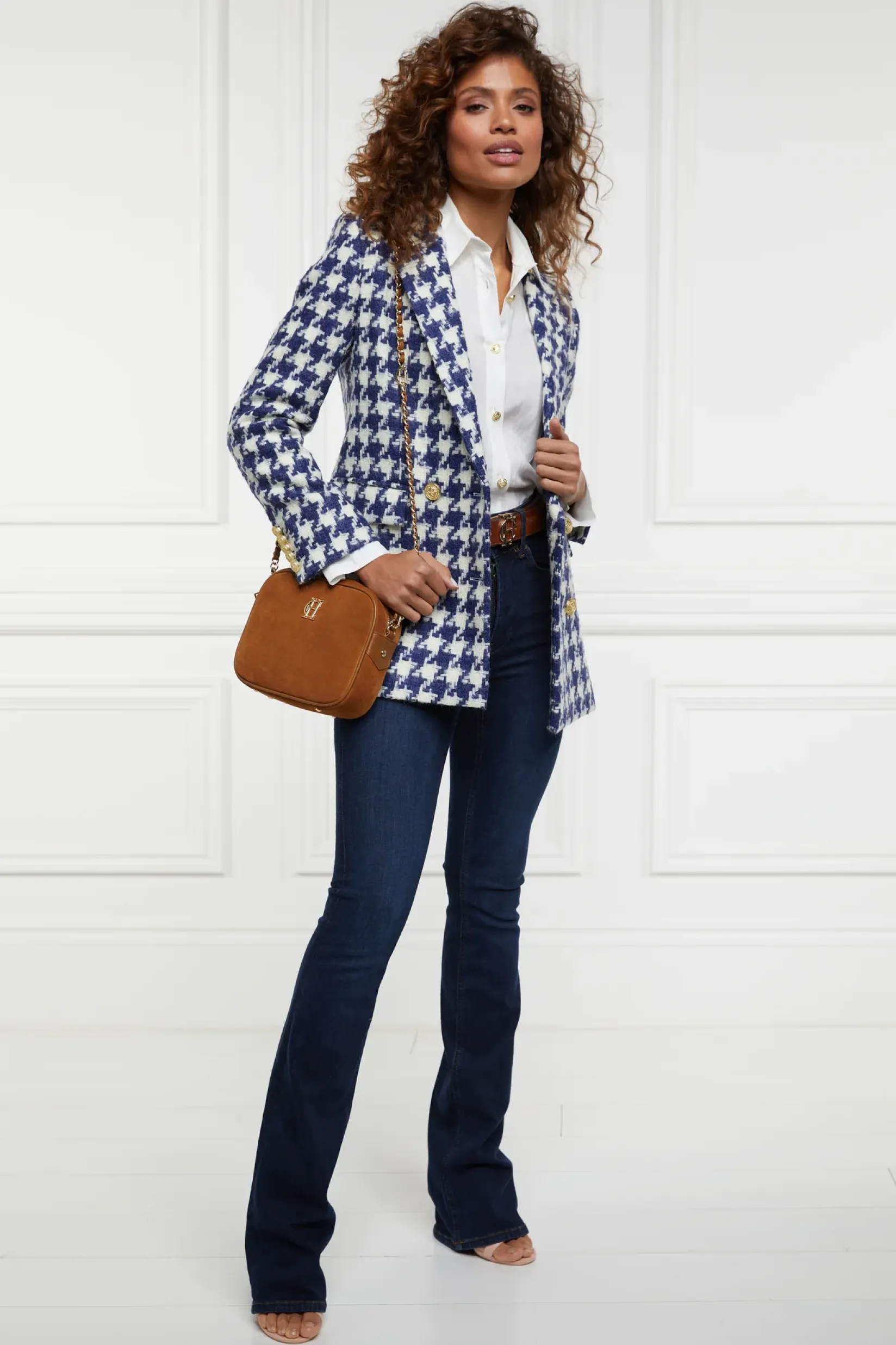 Holland Cooper Blazers|Jackets-Double Breasted Blazer Large Scale Navy Houndstooth