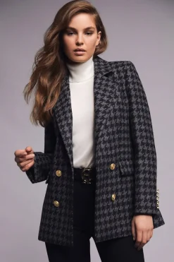Holland Cooper Blazers|Jackets-Double Breasted Blazer Large Scale Charcoal Houndstooth