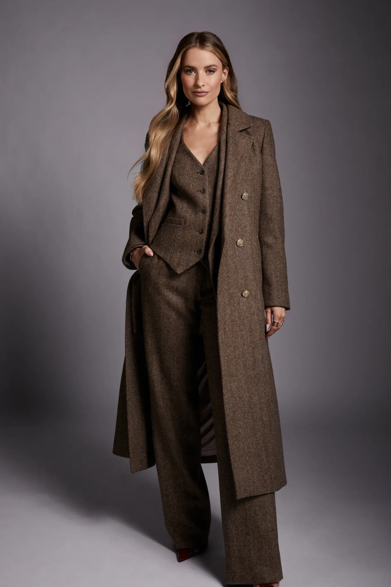 Holland Cooper Coats-Double Breasted Coat Large Scale Brown Herringbone