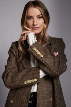 Holland Cooper Coats-Double Breasted Coat Large Scale Brown Herringbone