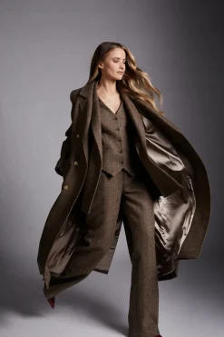 Holland Cooper Coats-Double Breasted Coat Large Scale Brown Herringbone
