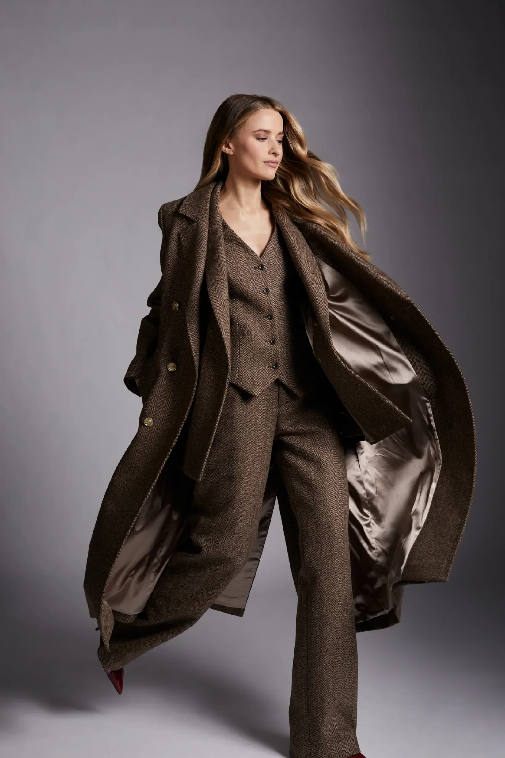 Holland Cooper Coats-Double Breasted Coat Large Scale Brown Herringbone