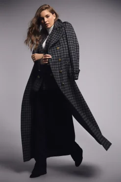 Holland Cooper Gifts For Her|Trench Coats-Full Length Chelsea Trench Coat Large Scale Charcoal Houndstooth