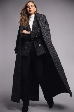 Holland Cooper Gifts For Her|Trench Coats-Full Length Chelsea Trench Coat Large Scale Charcoal Houndstooth