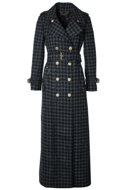 Holland Cooper Gifts For Her|Trench Coats-Full Length Chelsea Trench Coat Large Scale Charcoal Houndstooth