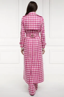 Holland Cooper Gifts For Her|Trench Coats-Full Length Marlborough Trench Coat Hot Pink Large Scale Houndstooth