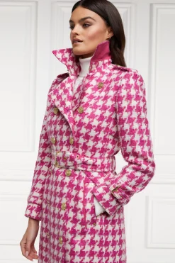 Holland Cooper Gifts For Her|Trench Coats-Full Length Marlborough Trench Coat Hot Pink Large Scale Houndstooth