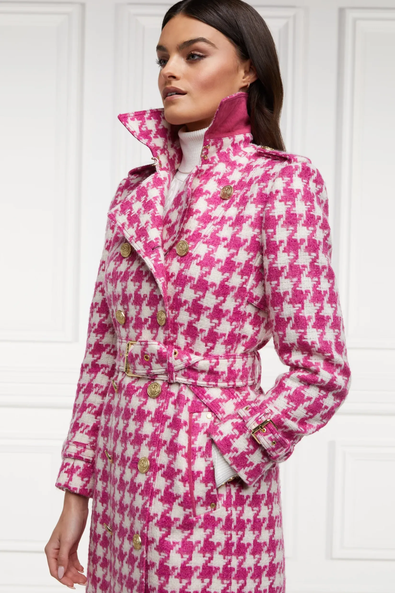 Holland Cooper Gifts For Her|Trench Coats-Full Length Marlborough Trench Coat Hot Pink Large Scale Houndstooth