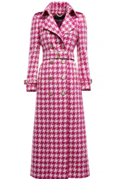 Holland Cooper Gifts For Her|Trench Coats-Full Length Marlborough Trench Coat Hot Pink Large Scale Houndstooth