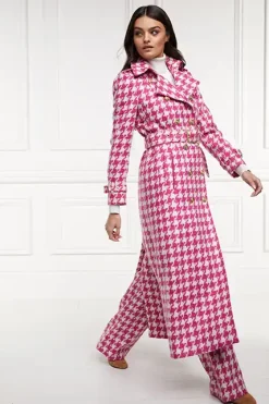 Holland Cooper Gifts For Her|Trench Coats-Full Length Marlborough Trench Coat Hot Pink Large Scale Houndstooth