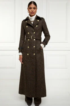 Holland Cooper Trench Coats|Coats-Full Length Marlborough Trench Coat Chocolate Houndstooth