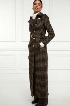 Holland Cooper Trench Coats|Coats-Full Length Marlborough Trench Coat Chocolate Houndstooth