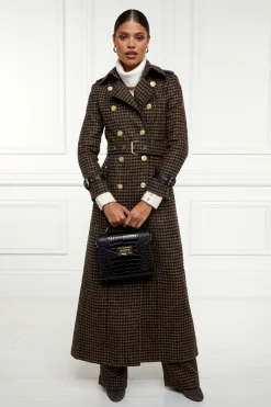 Holland Cooper Trench Coats|Coats-Full Length Marlborough Trench Coat Chocolate Houndstooth