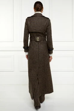 Holland Cooper Trench Coats|Coats-Full Length Marlborough Trench Coat Chocolate Houndstooth