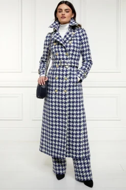 Holland Cooper Trench Coats|Coats-Full Length Marlborough Trench Coat Large Scale Navy Houndstooth