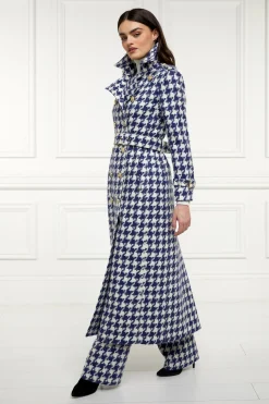 Holland Cooper Trench Coats|Coats-Full Length Marlborough Trench Coat Large Scale Navy Houndstooth